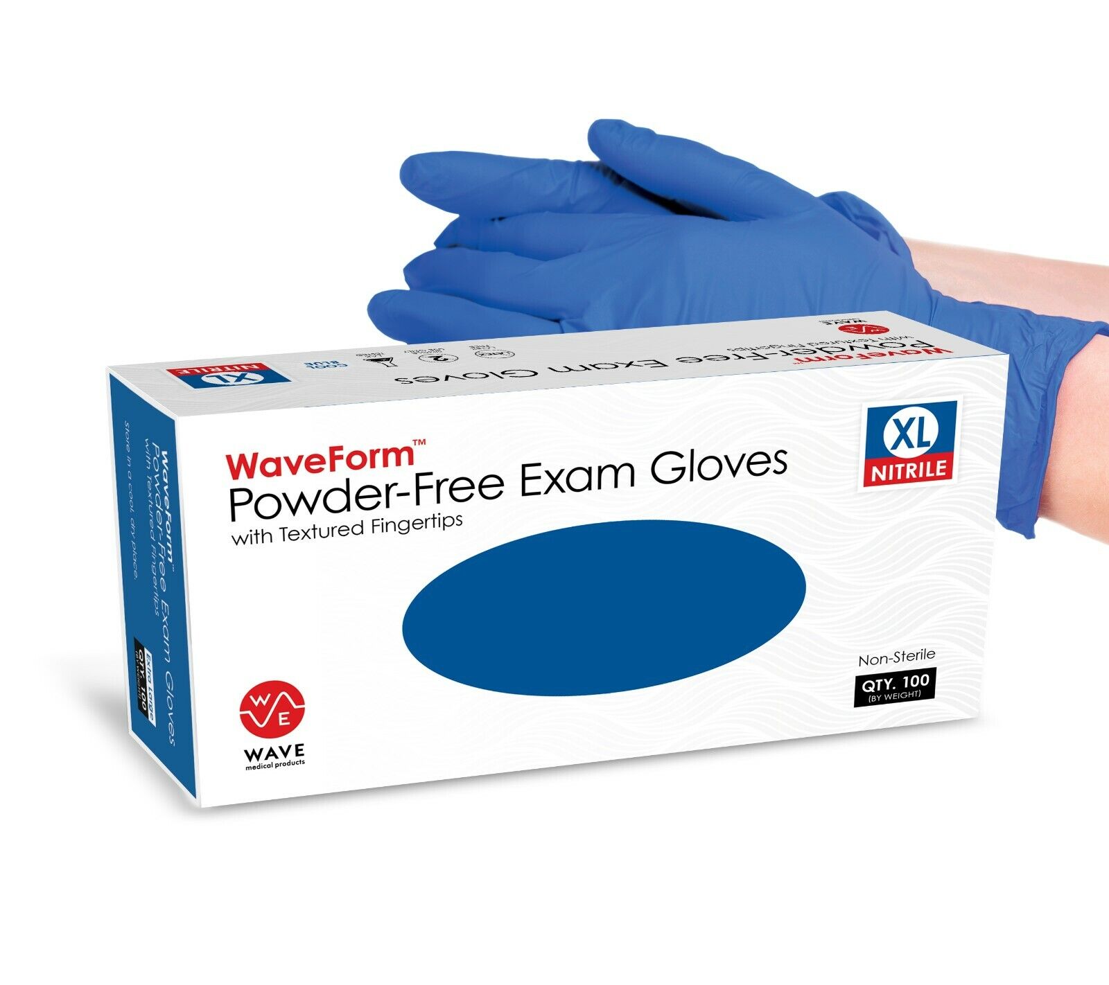 WAVE Blue Nitrile Disposable Exam/Medical Gloves 4 Mil, Latex & Powder Free WaveForm WMP-NITRILE1