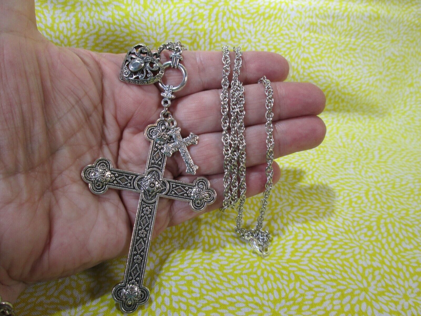 Large Cross Pendant/Heart Charm w/ Necklace 25" Silver Plated Rope Chain / S Handmade