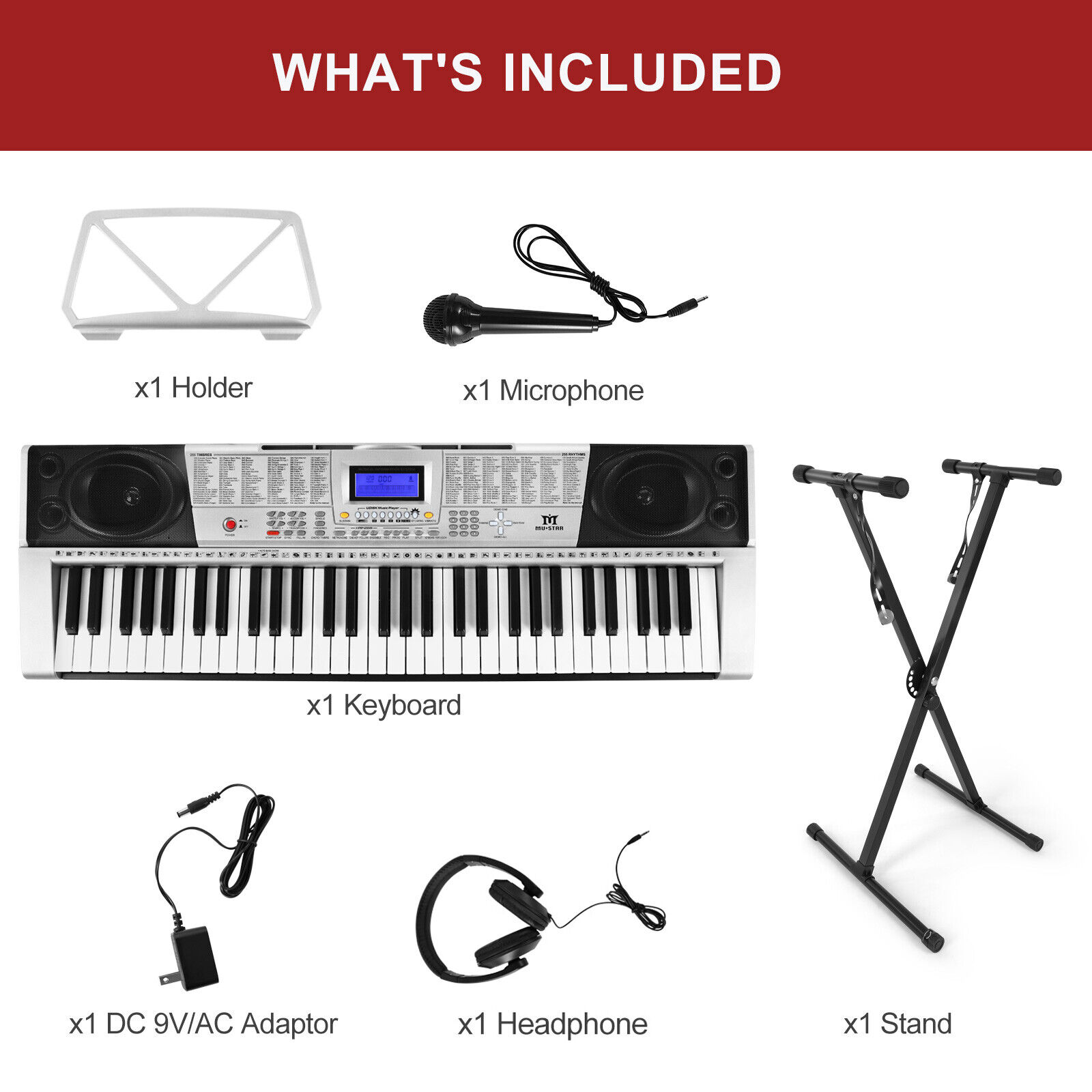 Portable 61Key Electronic Lighted Keyboard Piano LCD Screen Headphone Microphone Mustar S6010400 - фотография #10