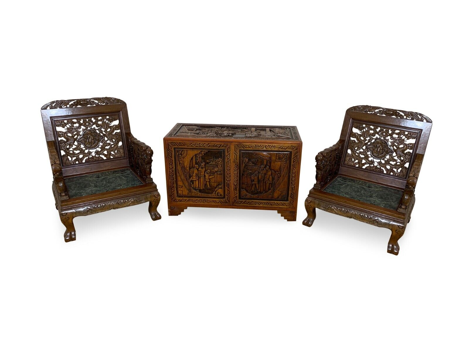 RARE Extensively Carved Chinese Chairs Marble Seats Без бренда