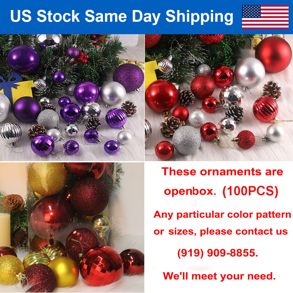 Open Box - 100Pcs Christmas Balls Ornaments In/Outdoor Hanging Ball Tree Decor TQS Does Not Apply