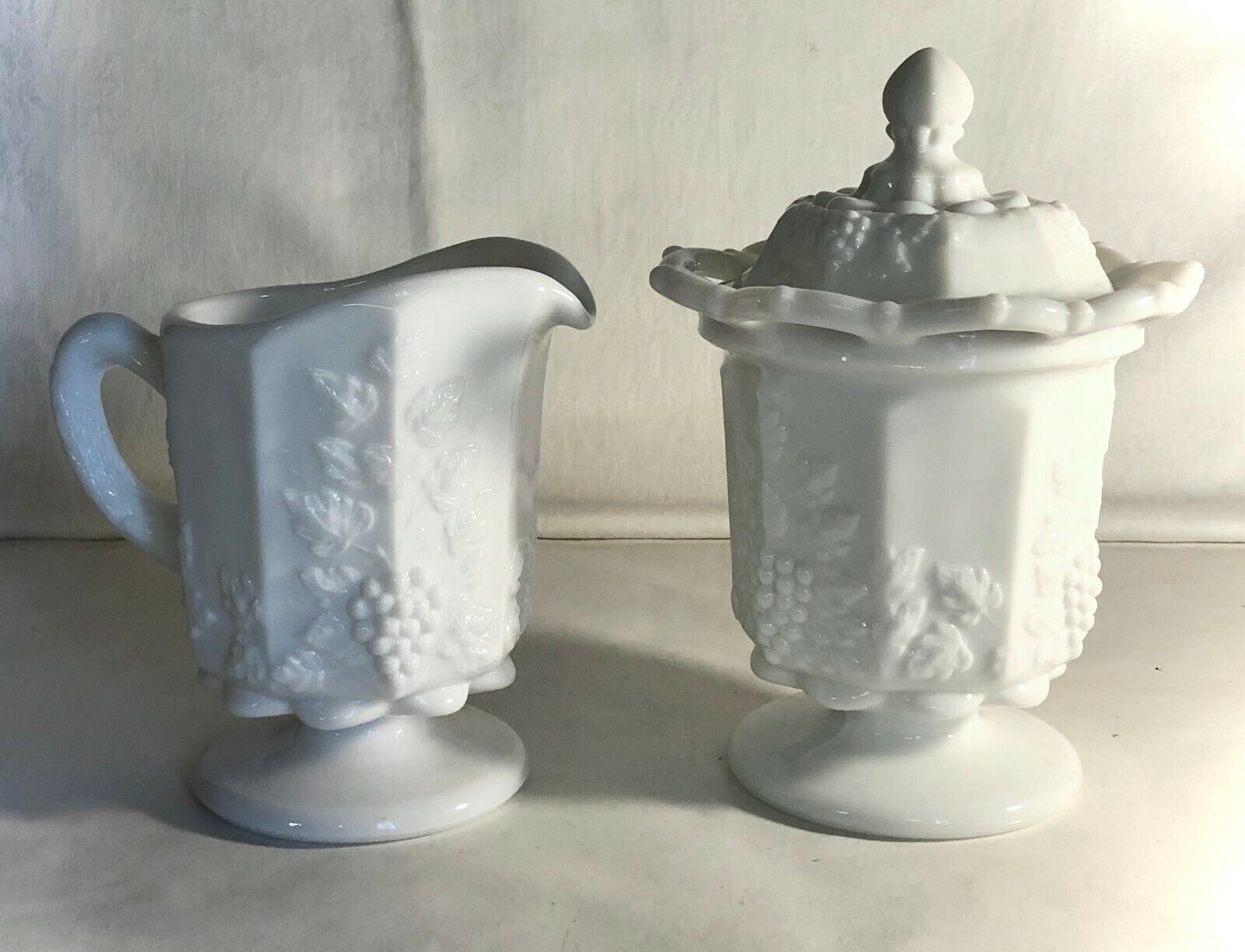 Westmoreland Milk Glass Paneled Grape Tall Creamer And Lace Edge Sugar With Lid Westmoreland