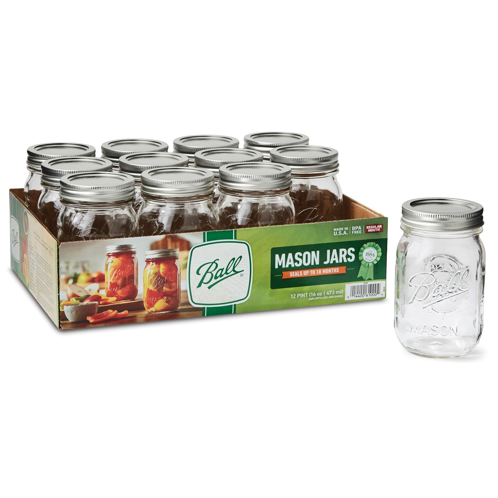 Regular Mouth 16oz Pint Mason Jars with Lids & Bands, 12 Count BALL 67000 - фотография #2
