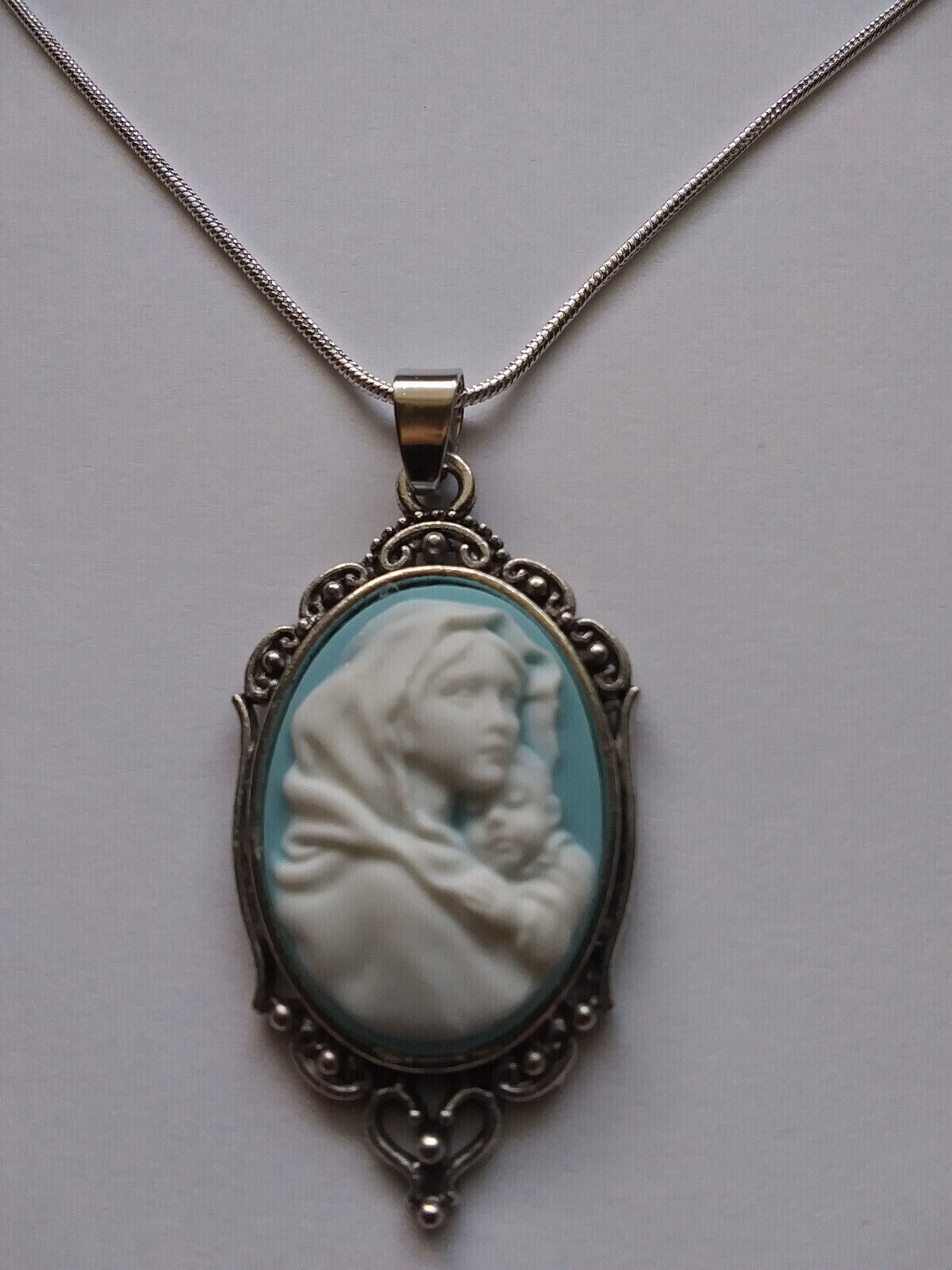 Mary Madonna & Child Pendant Wedgewood Blue Cameo necklace 925 sterling silver Handmade - фотография #2