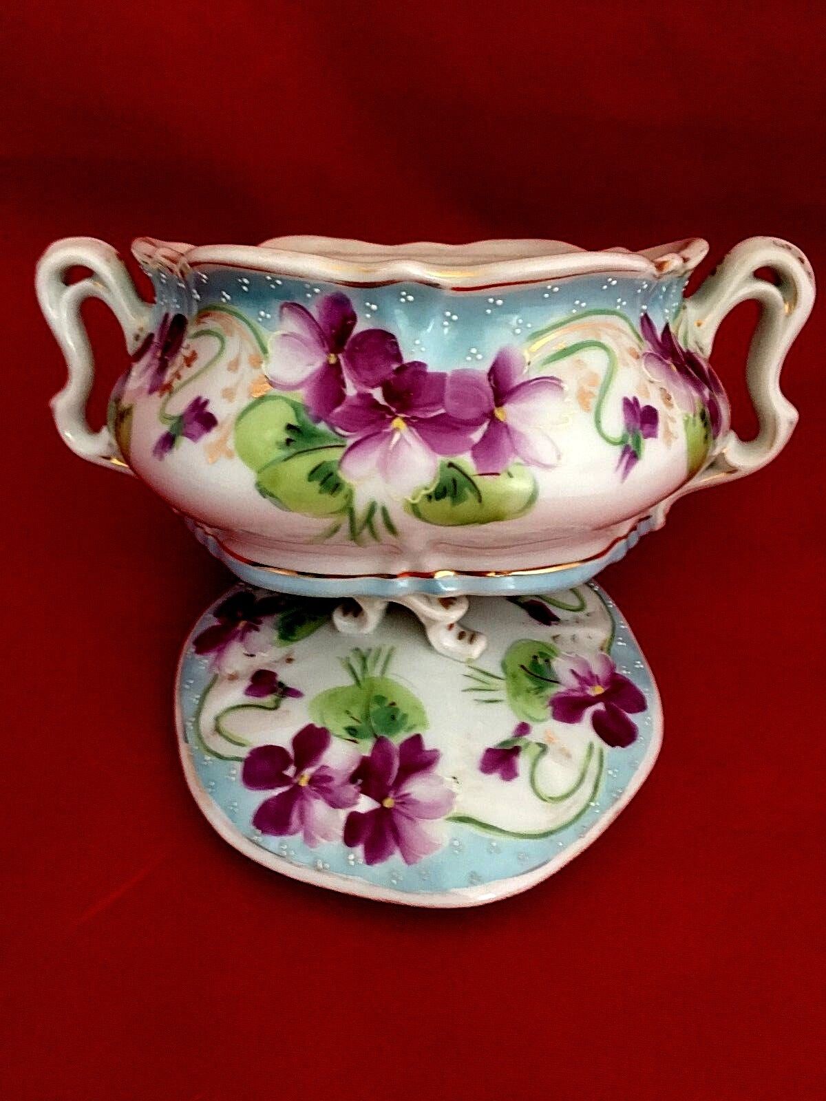 Antique Nippon Bowl Lidded with under plate cobalt edged floral violets design Без бренда - фотография #7