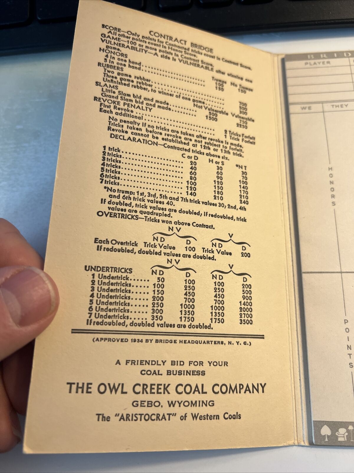RARE NOS 1934 Owl Creek Coal Company Gebo, WY Bridge Score Sheet UNUSED  #FB Без бренда - фотография #3