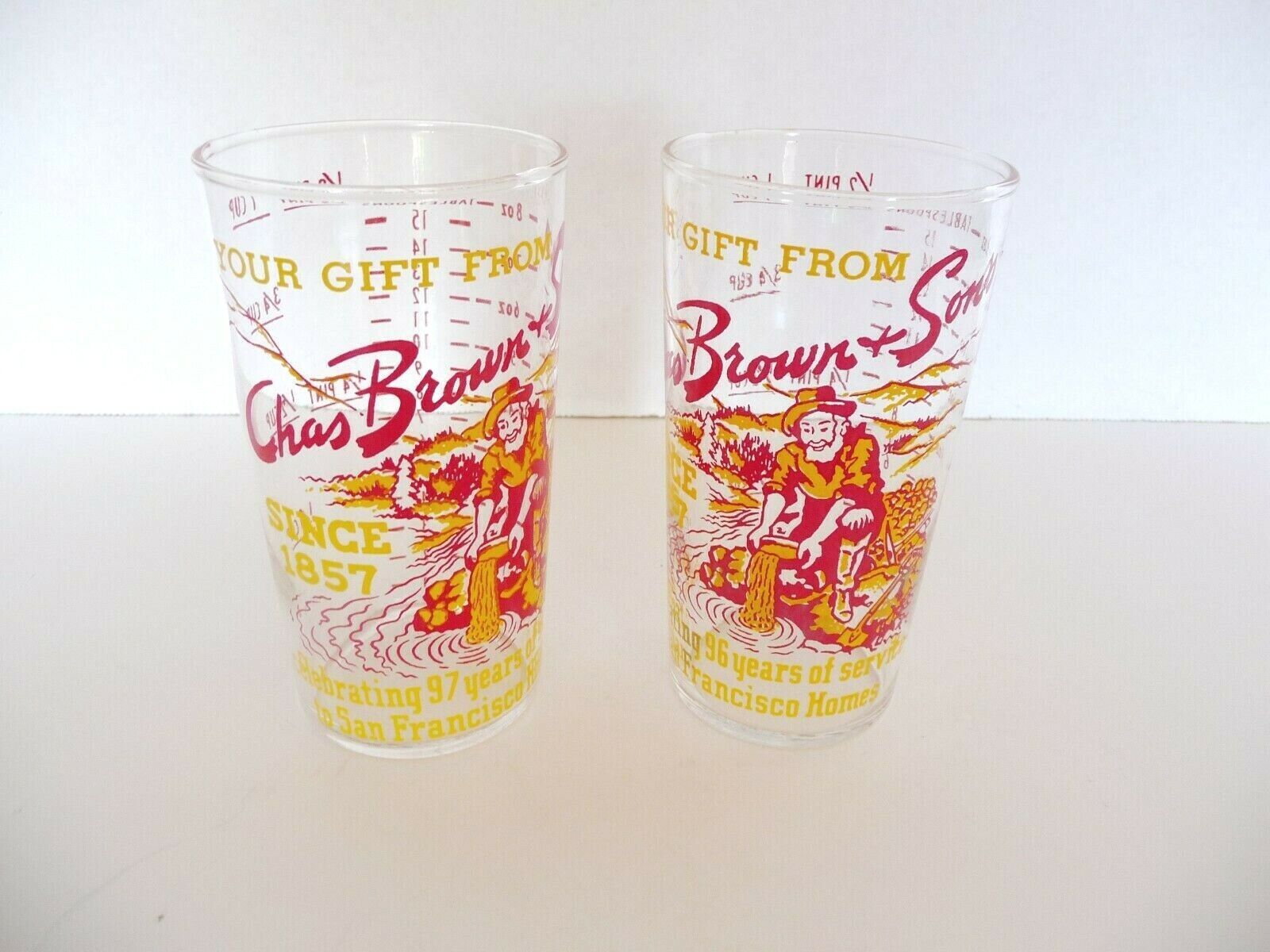 2 Advertising Measuring Glass Tumblers Chas Brown & Sons San Francisco 1953 Chas Brown