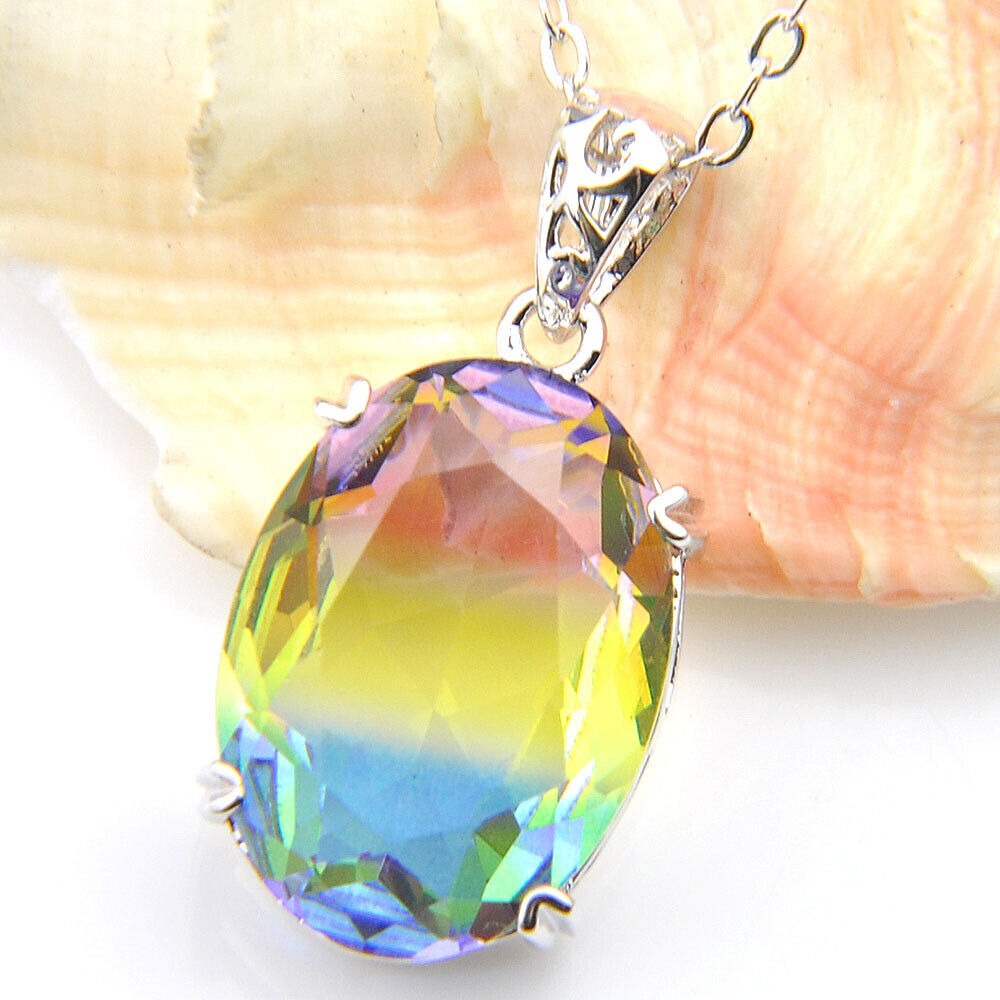 MIX 2PCS Sparking Oval Drop Rainbow Bi Tourmaline Gems Silver Necklace Pendants Luckyshine - фотография #4