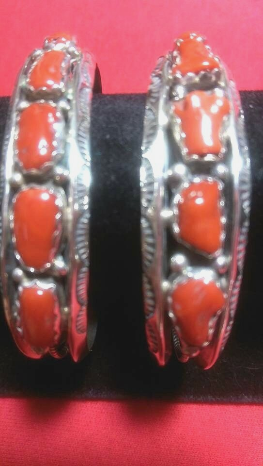 Navajo 5 Red Mediterranean Coral & Sterling Silver Bracelet Native American USA Без бренда - фотография #4