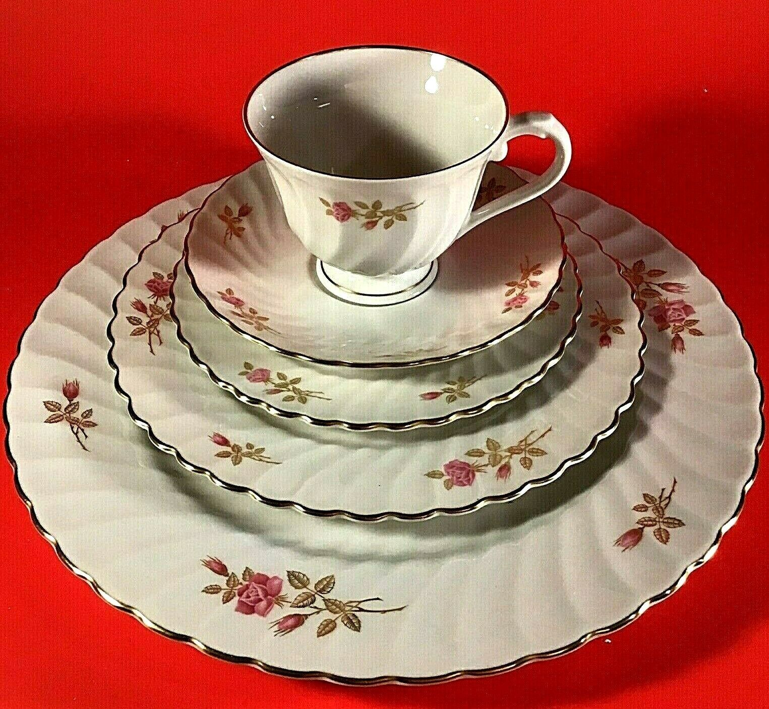 SYRACUSE CHINA COURTSHIP SILHOUETTE 5 PIECE PLACE SETTING PINK AND GOLD FLORAL syracuse china