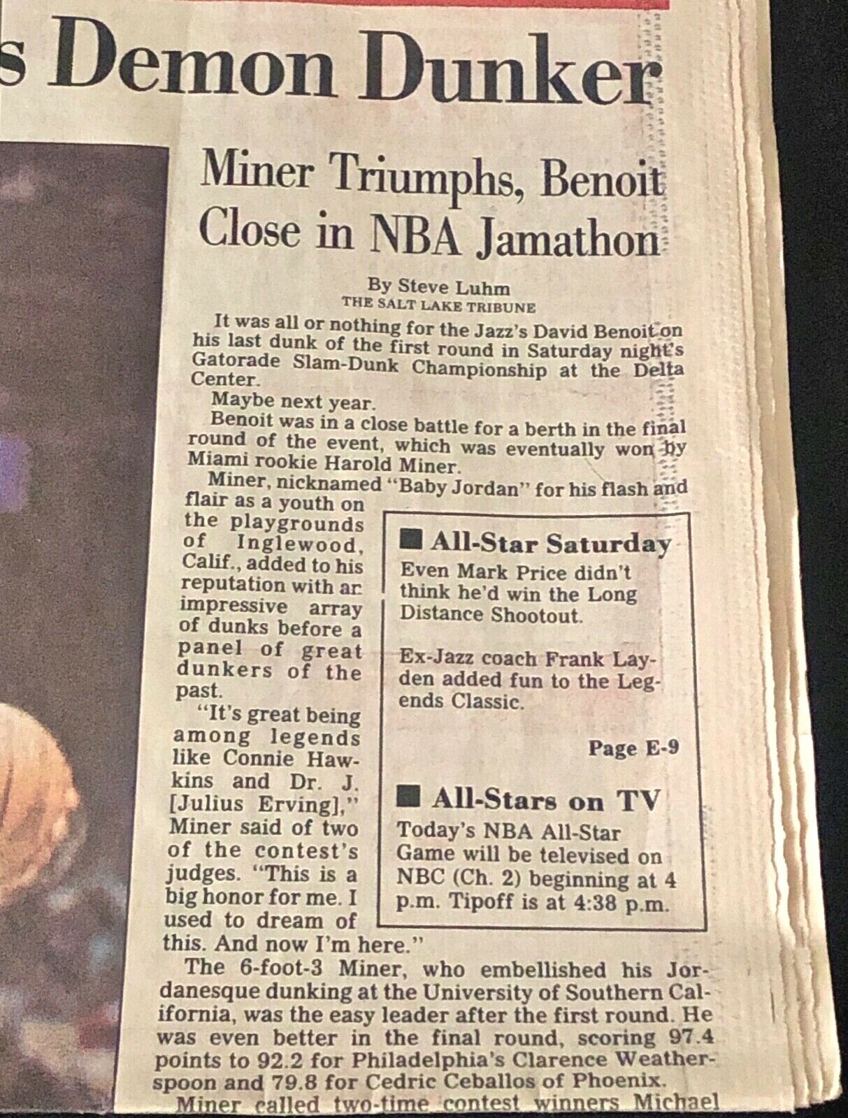 HAROLD MINER "BABY JORDAN" WINS 1993 NBA SLAM DUNK TITLE- UTAH NEWSPAPERS (2) Deseret News + Salt Lake Tribune - фотография #11
