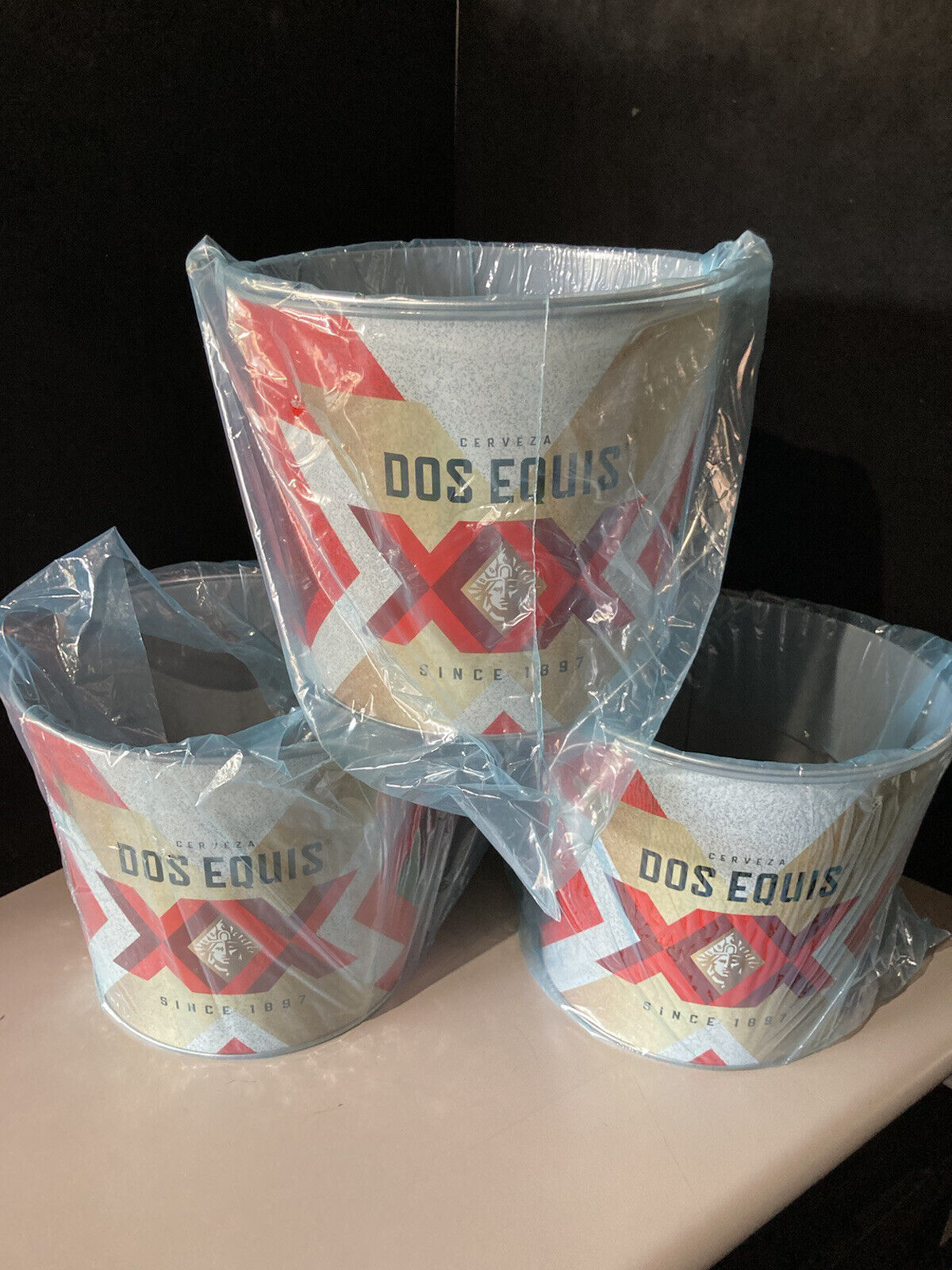 (3) New Dos Equis Party Beer Metal Ice Buckets Galvanized Bucket Budweiser
