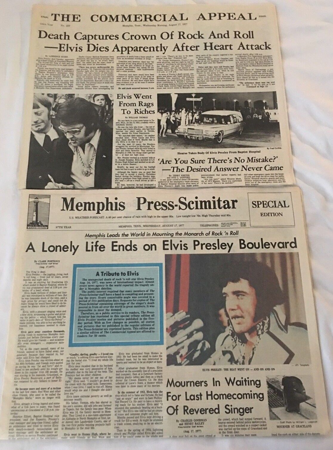 ELVIS Presley  Death Newspaper Memphis Press & The Commercial Appeal  Без бренда