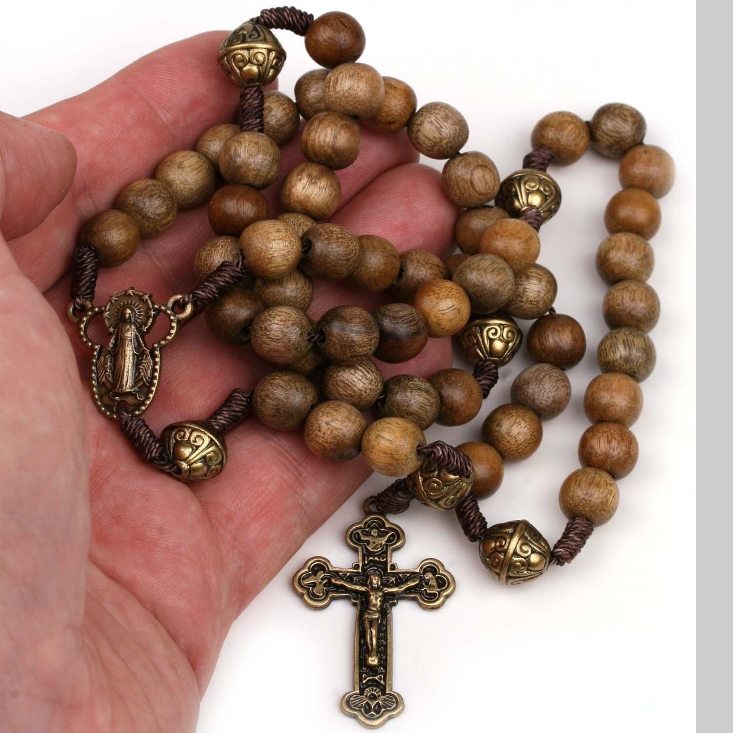 Catholic Rosary Beads Wood Strong Cord Miraculous Center Men Women Brown Iconeum - фотография #5