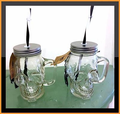 Skull Bar Drinking Glass MUG Mason Jar Halloween Set 2 BONUS Bottle Opener Straw mason Bottle Opener