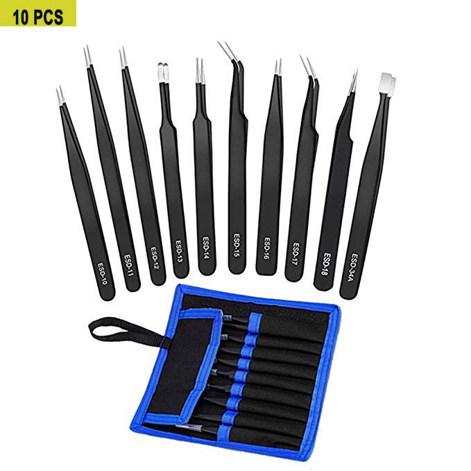10 Pcs Precision ESD Anti-Static Repair Stainless Steel Tweezers Set Kit Tools Unbranded Does not apply