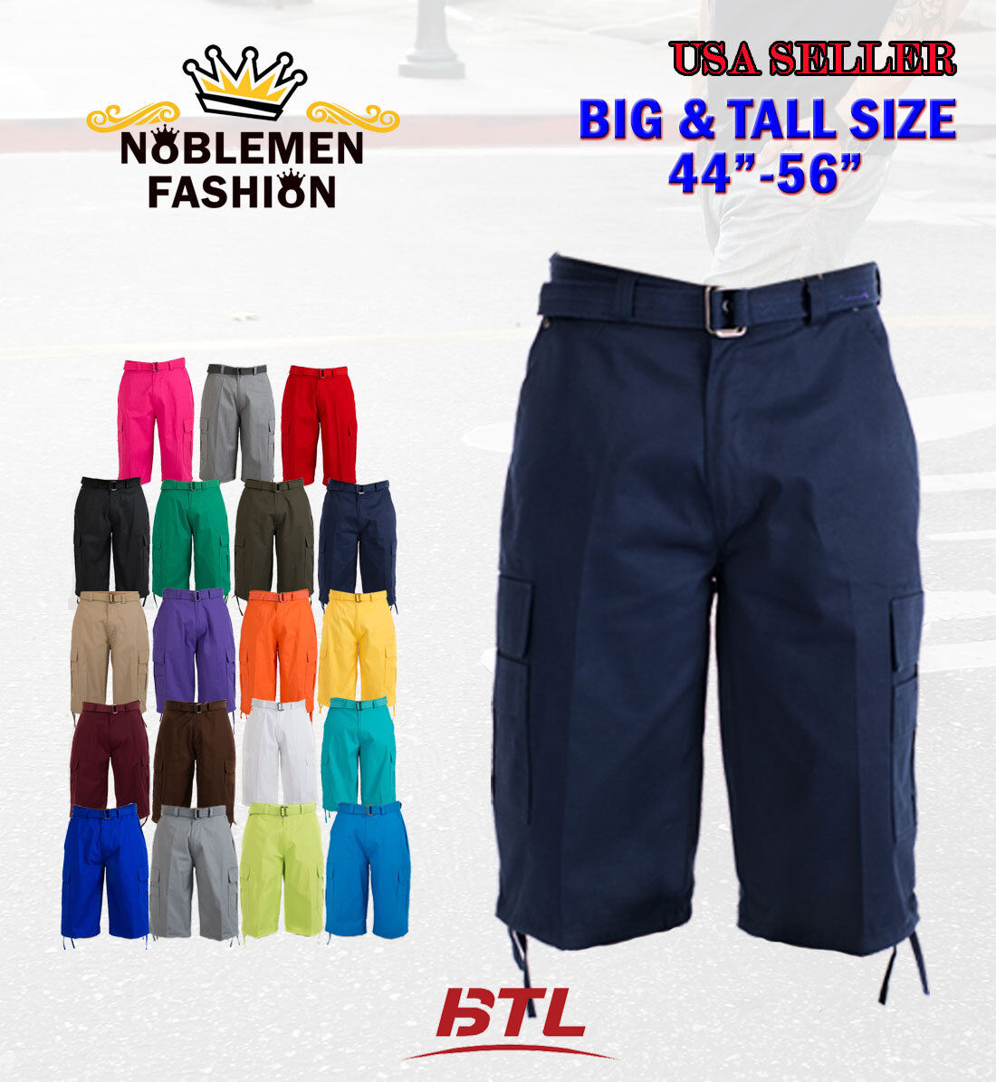 MEN BIG AND TALL CARGO SHORTS WITH BELT COTTON 19 COLORS TWILL 44~56 BTL