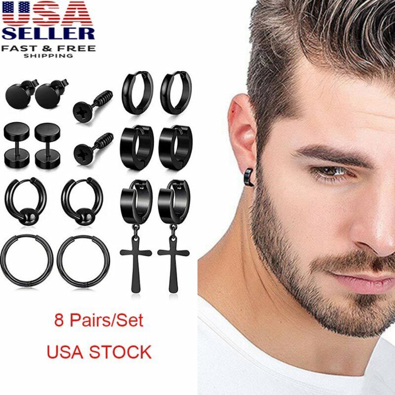 8 Pairs Stainless Steel Punk Black Earrings Stud Piercing Men Hoop Gothic Unisex Unbranded