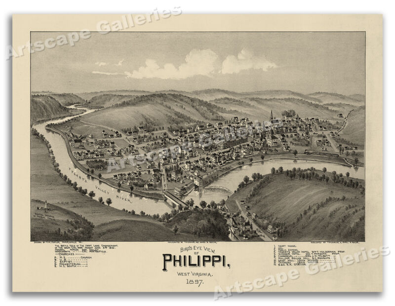 Bird's Eye View 1897 Philippi West Virginia Vintage Style City Map - 18x24 Без бренда