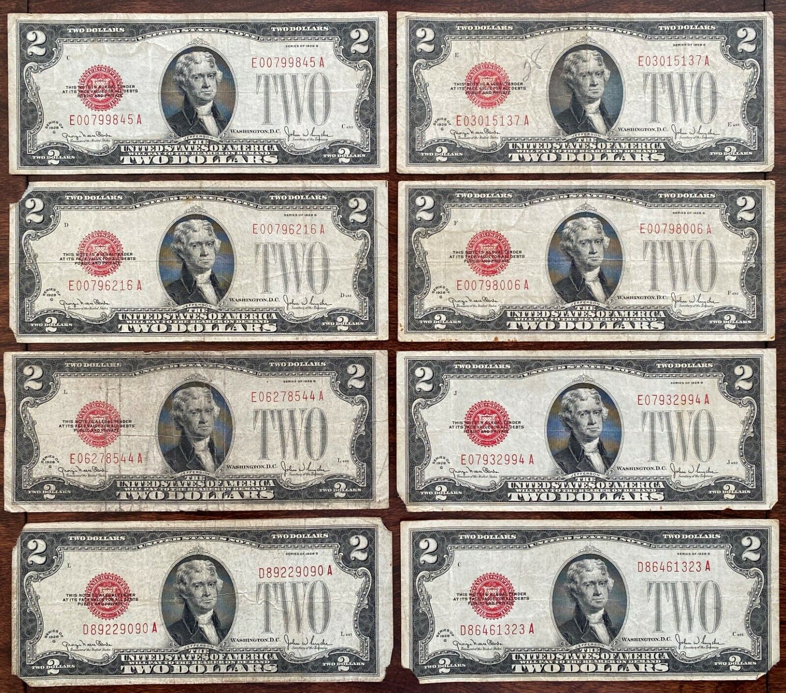 Fourteen $2 Bills - Eight 1928G and six others. Без бренда