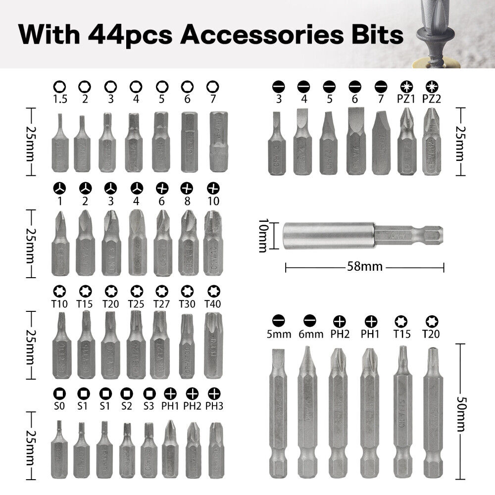 4V Cordless Electric Screwdriver Kit USB Rechargeable Power Tool 43pcs Bits Set Ziss S43067 - фотография #3
