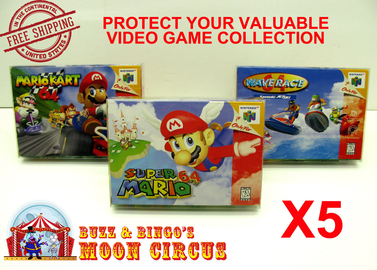 5x NINTENDO 64 N64 CIB GAME BOX - CLEAR PROTECTIVE BOX PROTECTOR SLEEVE CASE Dr. Retro Does Not Apply