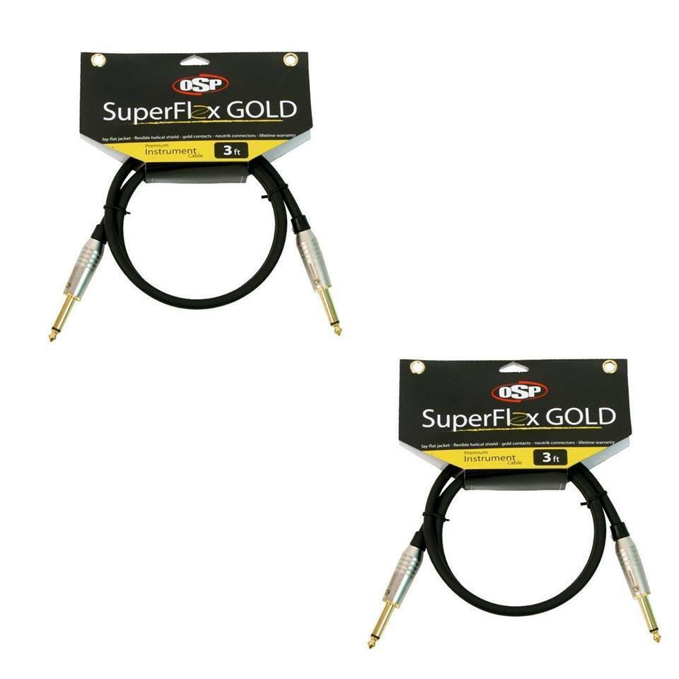 2 pk 3ft Instrument Guitar Patch Cord Cable 1/4"- Gold Contacts SuperFlex Gold  OSP SuperFlex Gold SFI-3SS-2pk