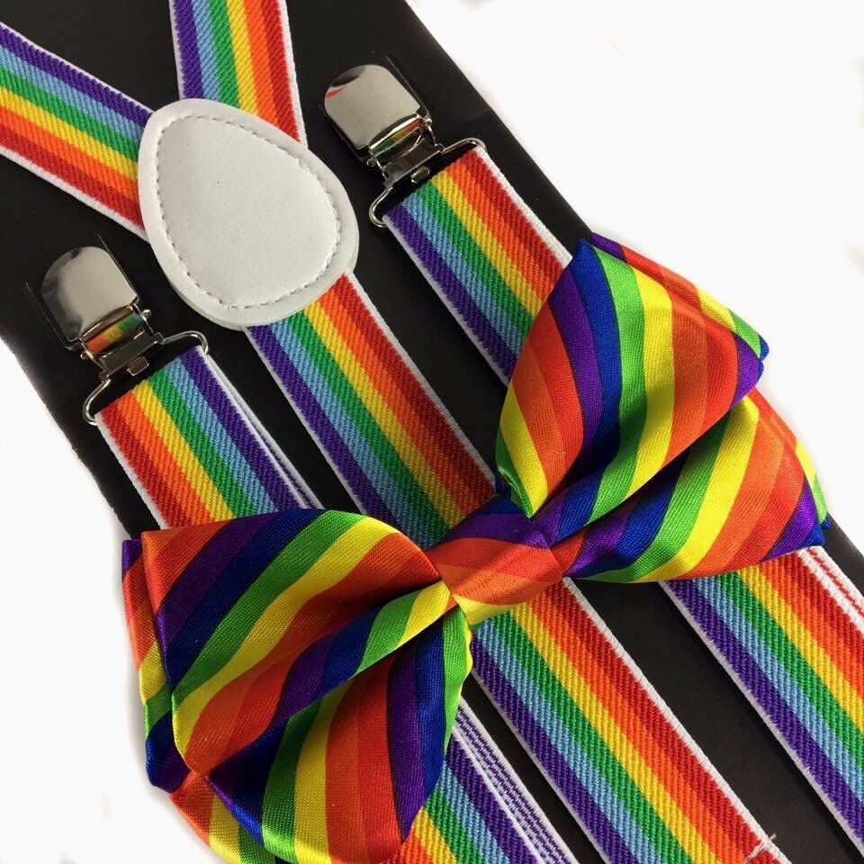 Rainbow Color Clip on Bow-Tie & Suspender Set Tuxedo Wedding Formal Prom  COOOL