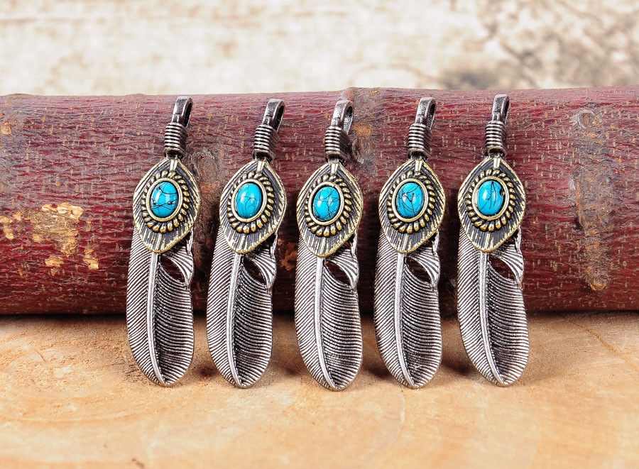 10PC Vintage Silver&Copper Turquoise Feather Leaf Leathercraft Necklace Pendant Unbranded Does not apply - фотография #4