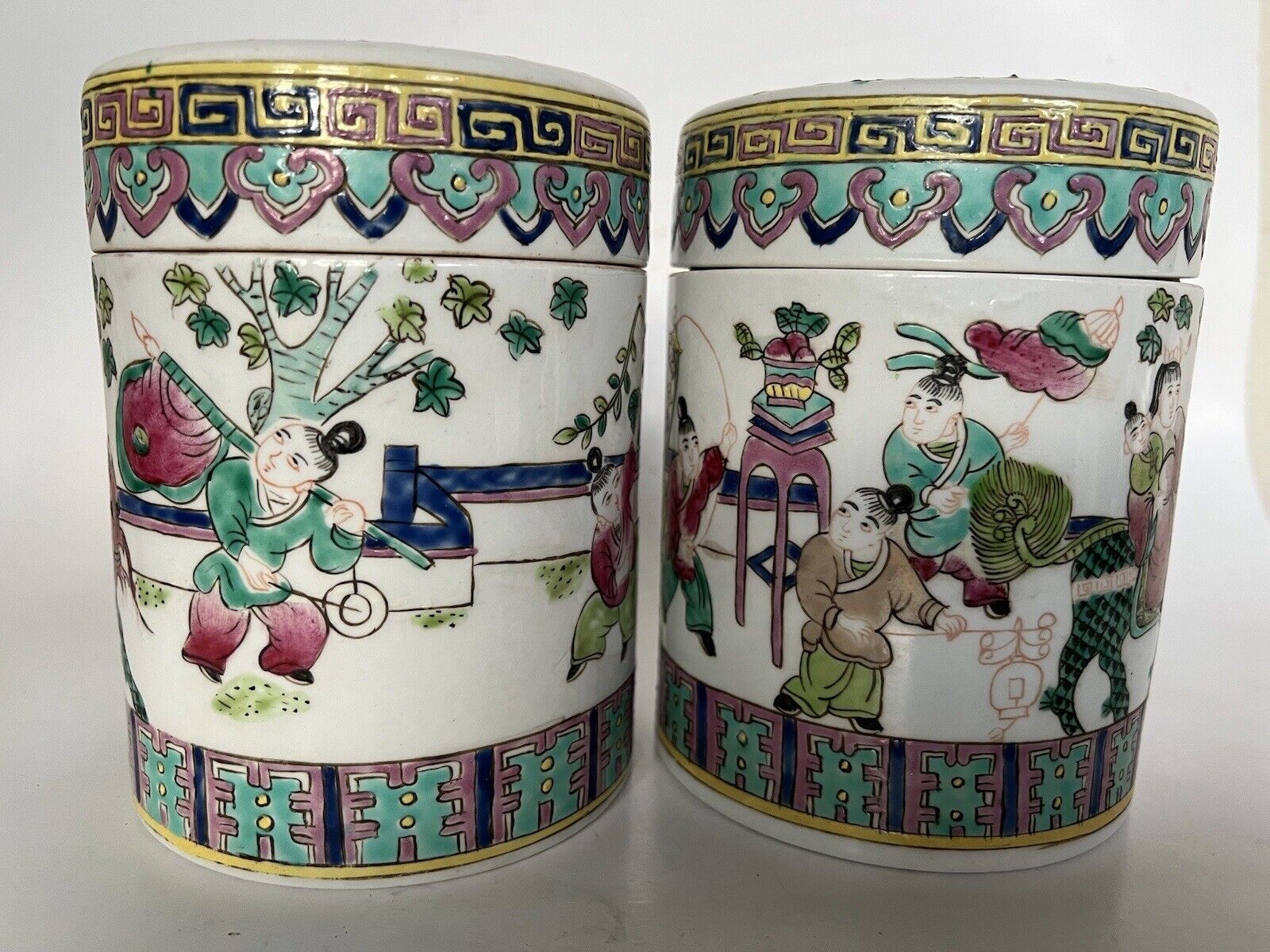 2 Antique Chinese Hand Paint Dragon Children Cylinder Hallmark Famille Jars 6" Без бренда - фотография #4