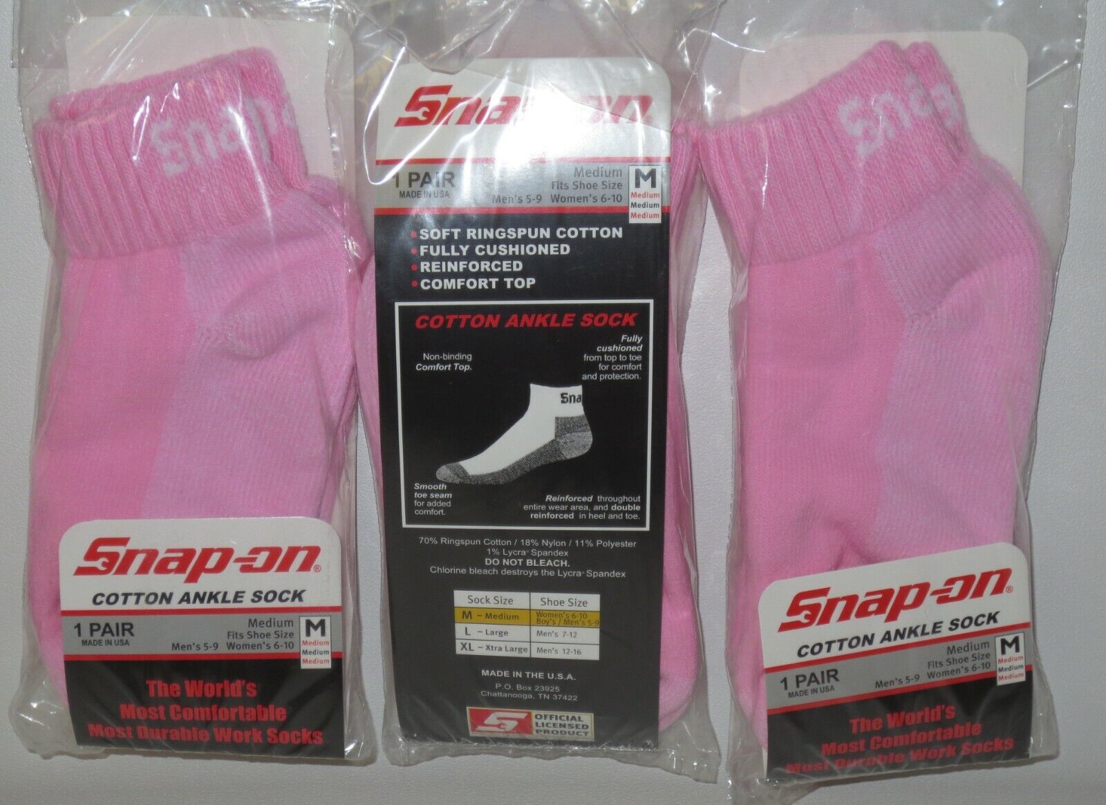 3 PAIRS Snap-On PINK Ankle Socks MEDIUM 6-10 *FREE SHIPPING* MADE IN USA *NEW* Snap-on - фотография #2