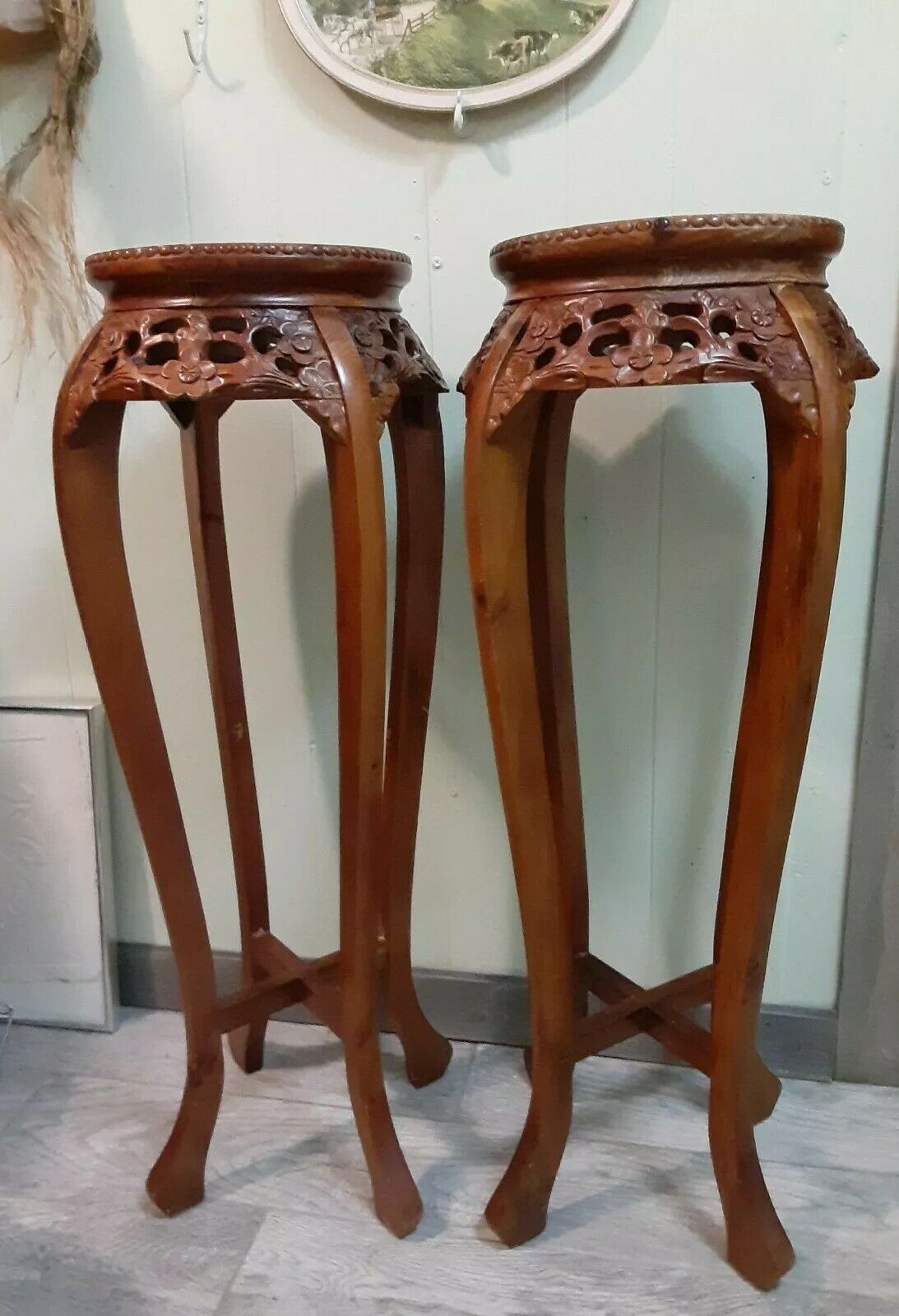 Pair of Carved wood Chinese Stand with Marble Insets burnt mustard wood ornate  Без бренда