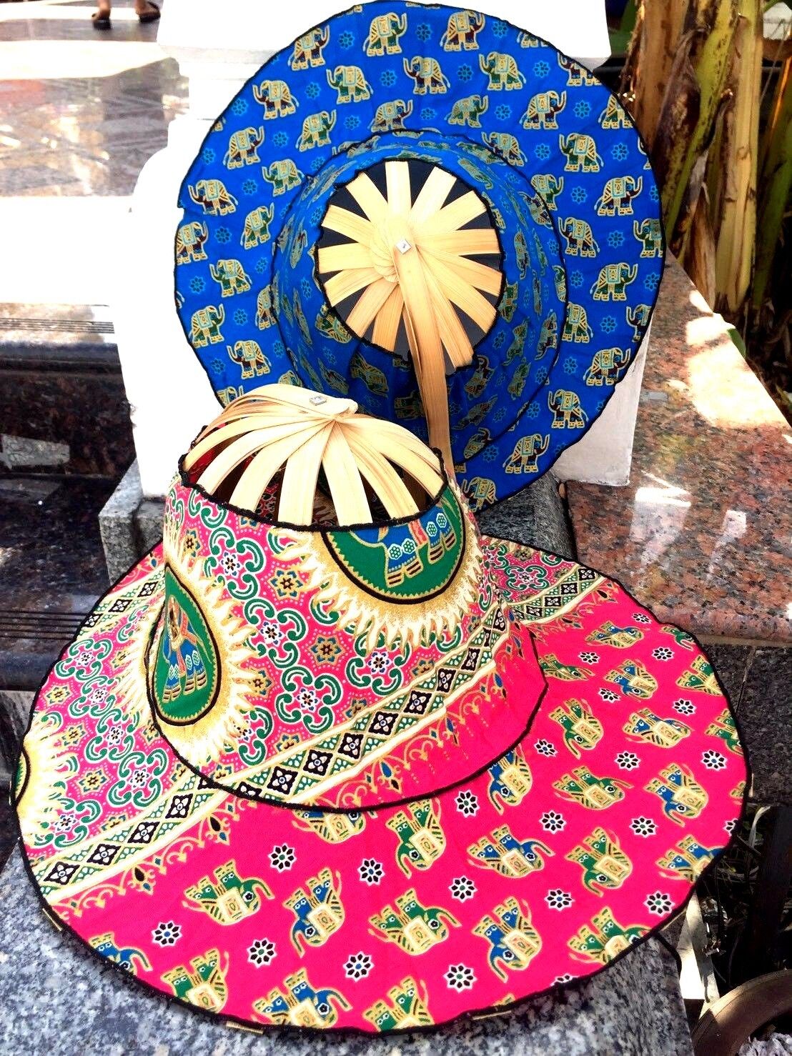 Hand fan hat crafts with bamboo wooden folding fabric Thai elephant gift 2 in 1 Handmade