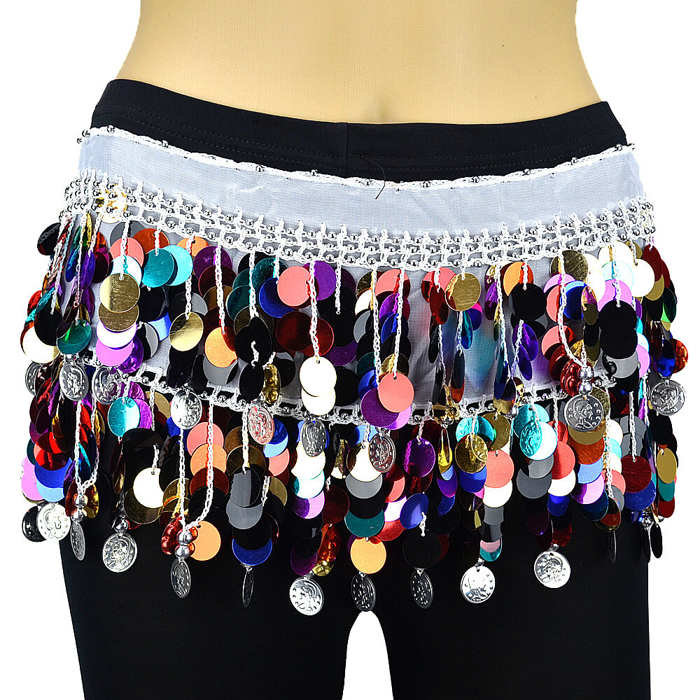 6 PCs Multi Color Sequins Coins Belly Dance Scarf Belt Hip Skirt Wrap Chiffon White Deer - фотография #11