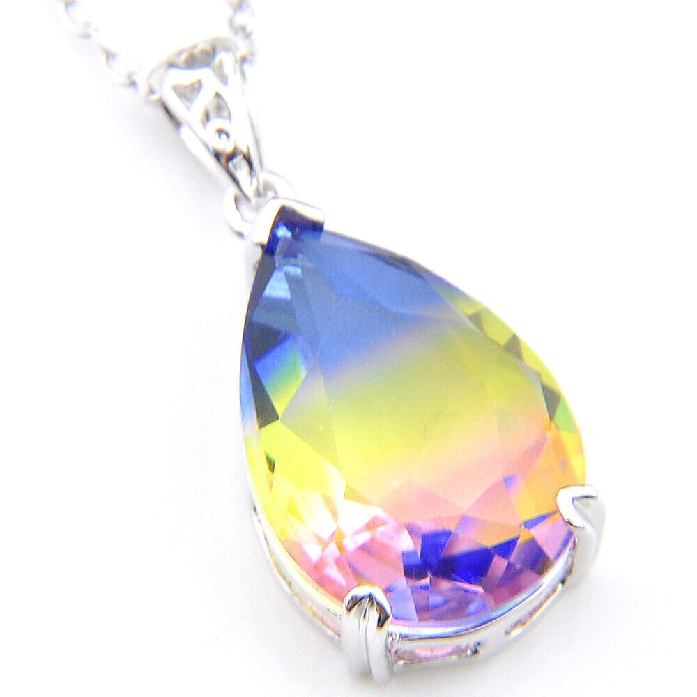 MIX 2PCS Sparking Oval Drop Rainbow Bi Tourmaline Gems Silver Necklace Pendants Luckyshine - фотография #5