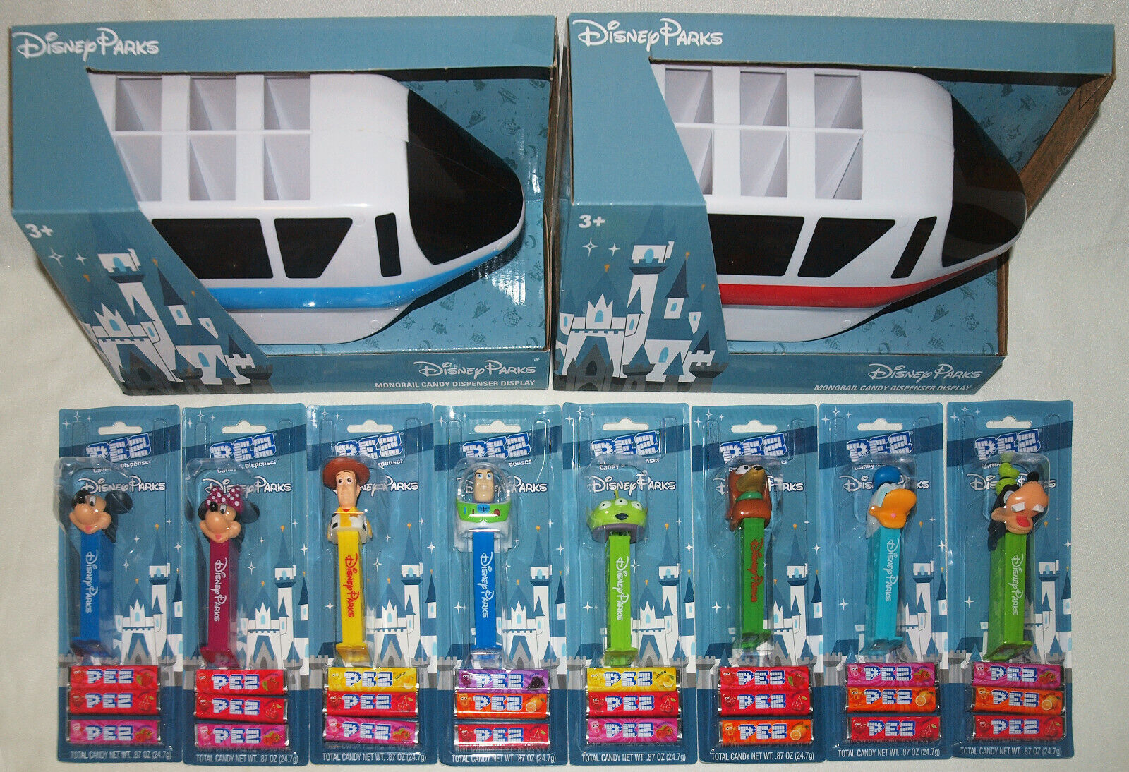 All 8 Disney Parks Exclusive Pez & Both Blue & Red Monorail Display Holders Mint Без бренда