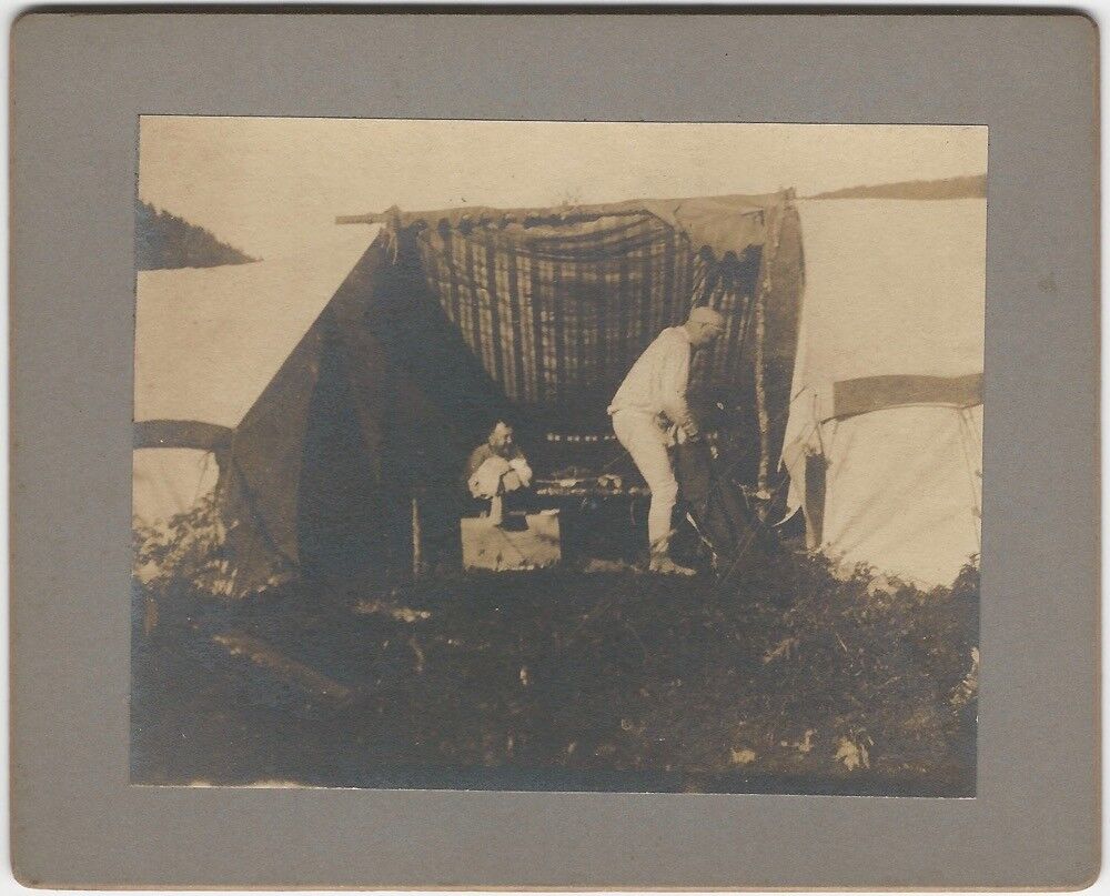 1900s Camper in Long Johns Gets Dressed Outside His Tent Cabinet Card Без бренда - фотография #2