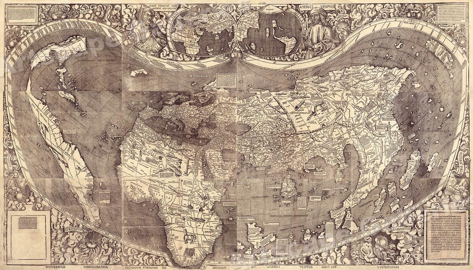 1507 First Map to Name "America" Waldseemuller Wall Map Poster - 24x42 Без бренда