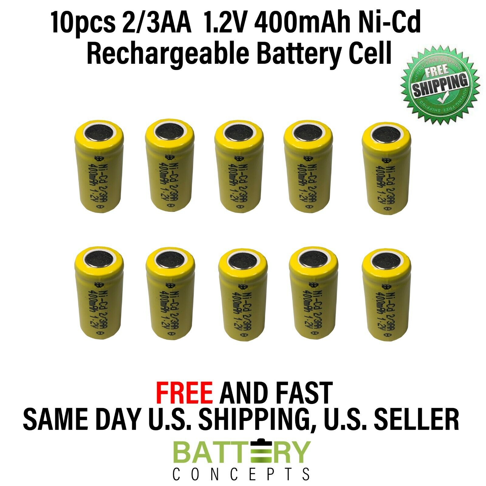 10 pcs 2/3AA 2/3 AA 400mAh NiCd Ni-Cad 1.2V Rechargeable Battery Cell US Stock Unbranded/Generic Does Not Apply