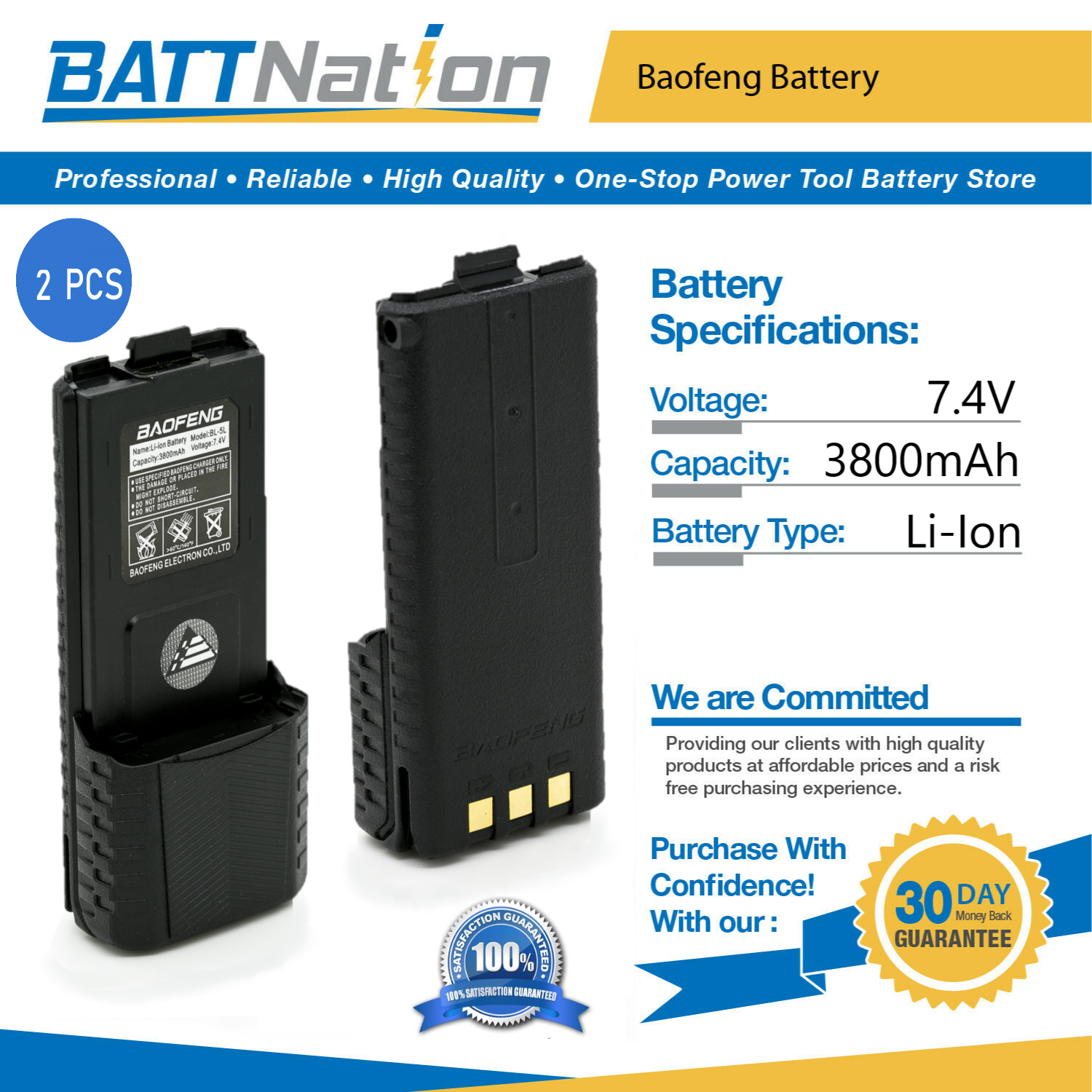 2 x BAOFENG Pofung BL-5L 3800mAh 7.4V Extended Li-Ion Battery for BF-F8HP Radio Unbranded/Generic Does Not Apply