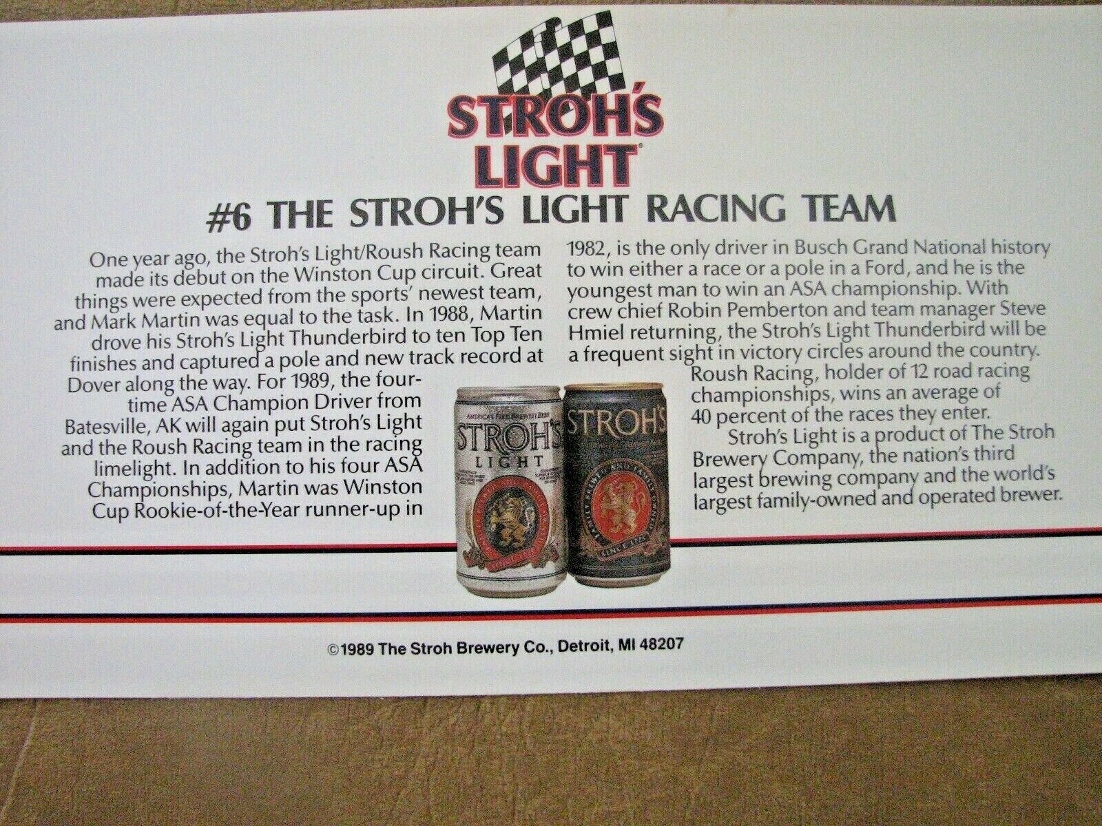 1989 Stroh's Mark Martin #6 Racing Team Photo Card 2 Sided (6 ea in a set) $5.00 Без бренда - фотография #4