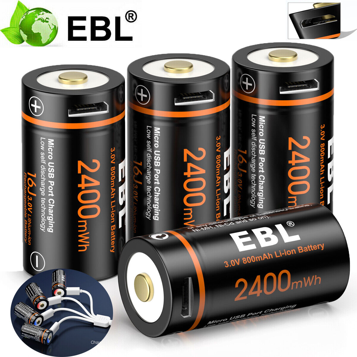 4x 16340 RCR123 CR123A 123 3V USB Lithium Li-ion Rechargeable Batteries w/Cable EBL CR123 - фотография #2