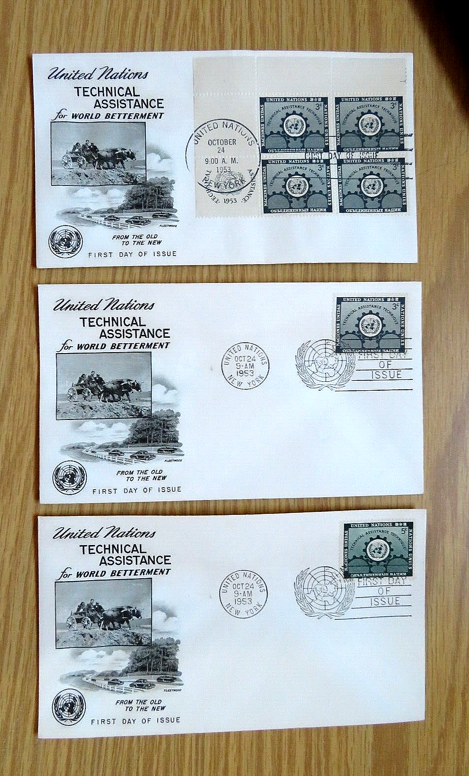 1953 THREE Different UNITED NATIONS TECHNICAL ASSISTANCE COVERS FDC 19 20 (Sheet Без бренда
