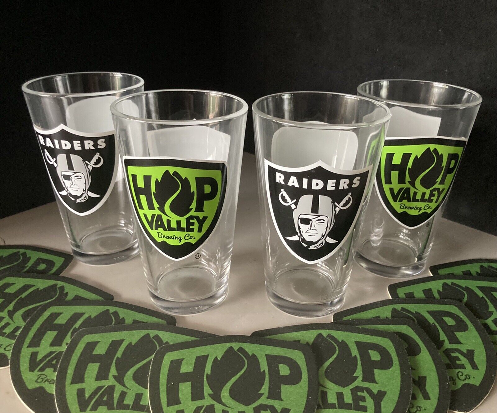 (4) NEW Raiders Hop Valley Brewing Beer Pint Glasses & 20 Bar Coasters Lot Elysian - фотография #2