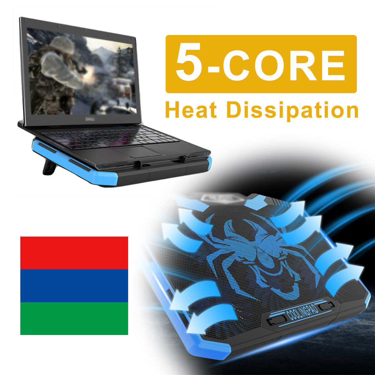 11-17 inch Gaming Laptop Cooler Notebook Cooling Pad W/ 5 Blue LED Fans Dual USB Unbranded Does not apply
