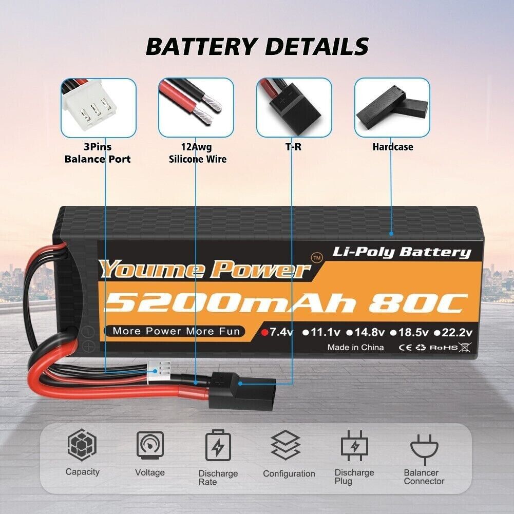 2pcs Youme 7.4V 5200mAh 2S 80C LiPo Battery for RC  Car Truck Buggy Boat Youme Does Not Apply - фотография #4