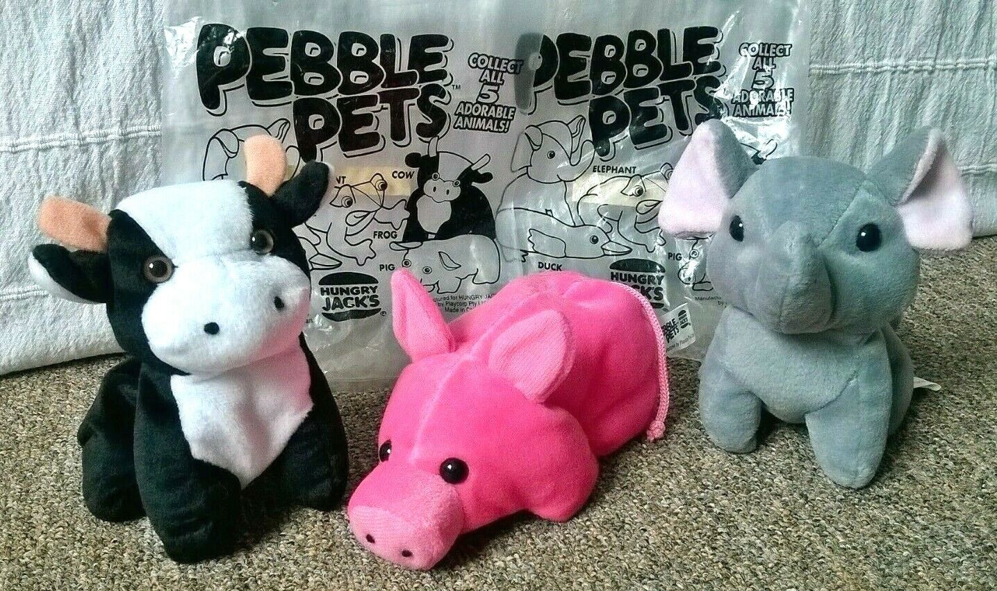 Pebble Pets Lot x 3 Beanie Plush Pig Cow Elephant Imperial Toy 1999 Hungry Jacks Hungry Jack's