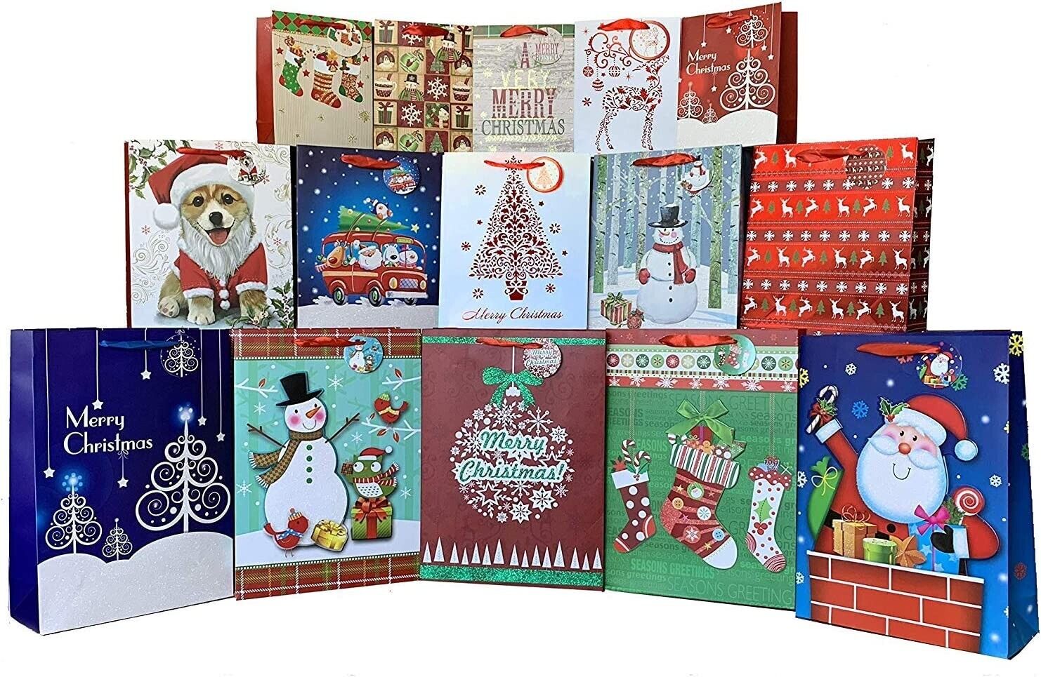 Christmas Gift Bags Assorted Sizes - Set of 15, Bulk, Large, Medium, Small, Tags GiftWrap Etc