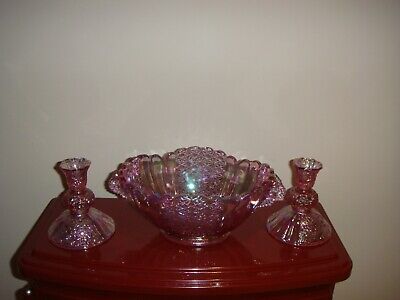 Fenton Pink~Purple Iridescent Daisy And Button Bowl With Candle Holders  Fenton