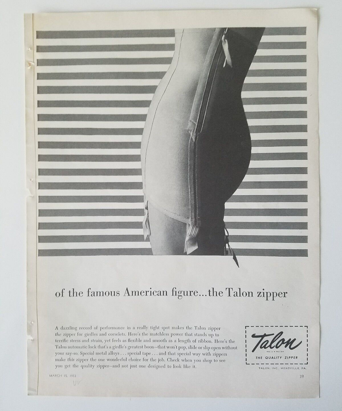 1953 women's girdle Talon zipper famous American figure vintage fashion ad Без бренда